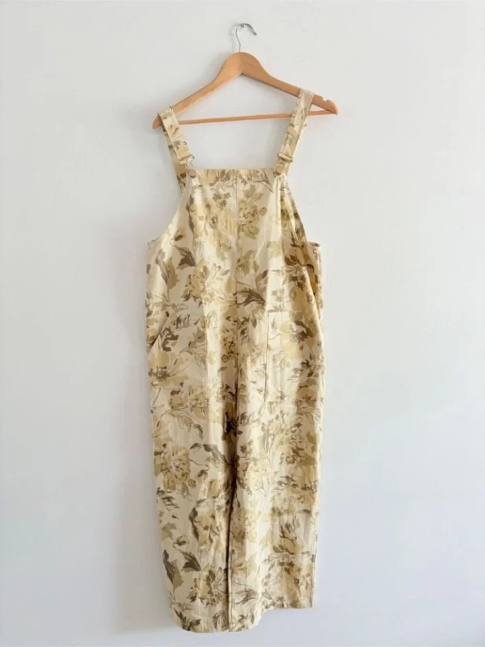 Zara Floral Beige Overalls Cotton Boho Botanical Relaxed Size Large